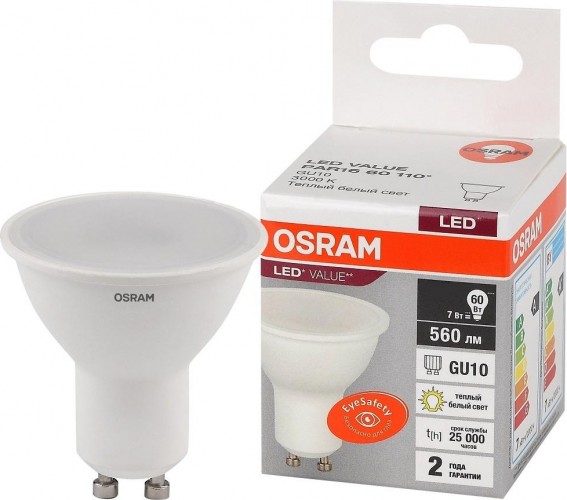 Лампа светодиодная Osram LED VALUE par16 60 7sw/830 230v gu10 4058075581555