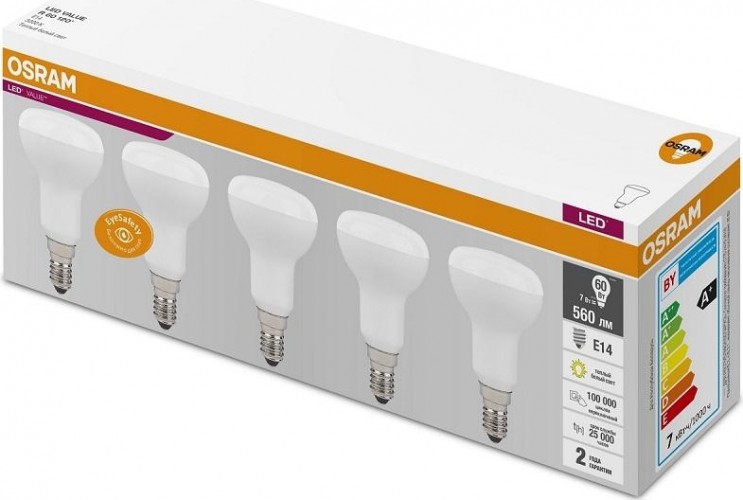Лампа светодиодная Osram LED VALUE r60 7sw/840 230v e14 (уп 5 шт) 4058075583962