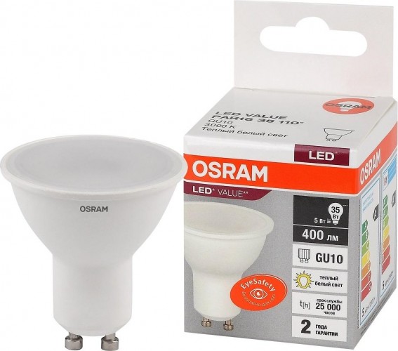 Лампа светодиодная Osram LED VALUE par16 35 5sw/830 230v gu10 4058075581333
