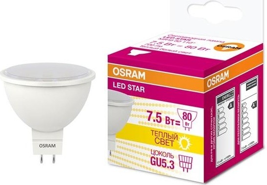 Лампа светодиодная Osram LED Star MR16 (замена 75вт) 7.5вт 3000к gu5.3 700лм 4058075229068