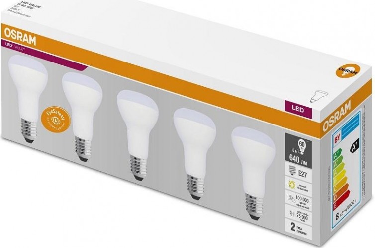 Лампа светодиодная Osram LED VALUE r60 8sw/830 230v e27 (уп 5 шт) 4058075584037