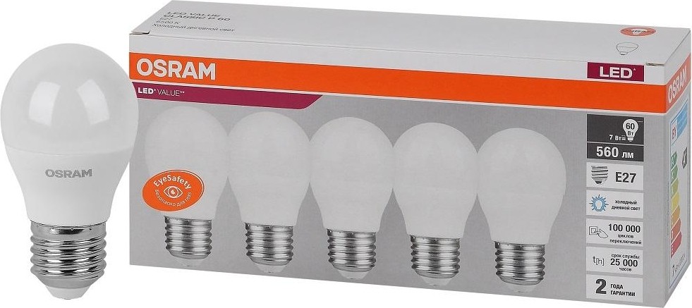 Лампа светодиодная Osram LED VALUE clp60 7sw/865 230v e27 (уп 5 шт) 4058075578258