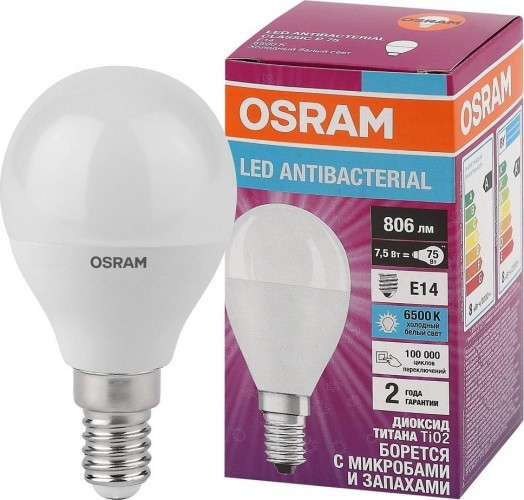 Лампа светодиодная Osram LED Antibacterial clp60 7,5w/865 230vfr e14 4058075561694