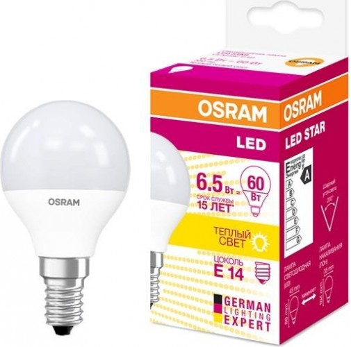 Лампа светодиодная Osram LED Star B 60 p 60 6.5вт 3000к e14 550лм 4058075134294