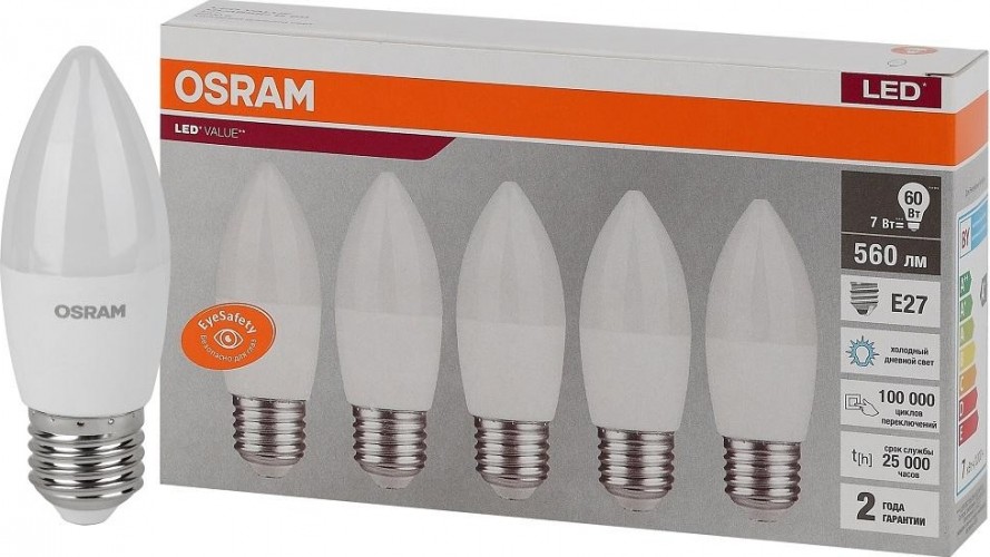 Лампа светодиодная Osram LED VALUE clb60 7sw/865 230v e27 (уп 5 шт) 4058075578074