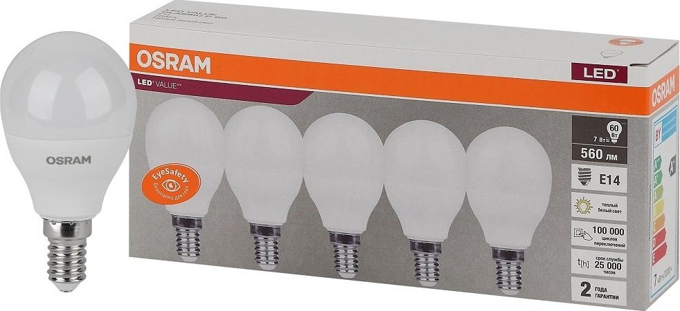 Лампа светодиодная Osram LED VALUE clp60 7sw/830 230v e14 (уп 5 шт) 4058075578104
