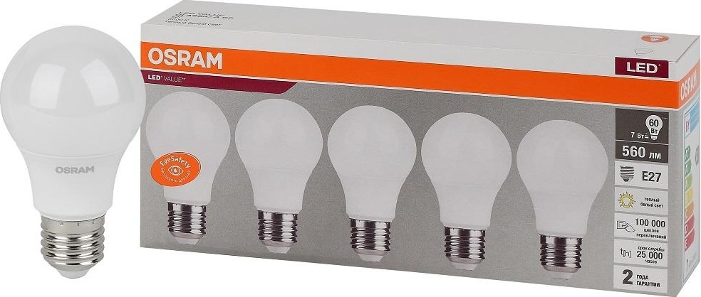 Лампа светодиодная Osram LED VALUE cla60 7sw/830 230v e27 (уп 5 шт) 4058075577626