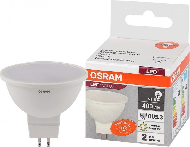Лампа светодиодная Osram LED VALUE mr16 35 5sw/830 230v gu5.3 4058075582330