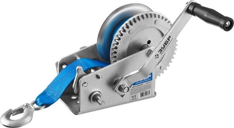 Лебедка ручная барабанная ЗУБР "ПРОФЕССИОНАЛ" тяговая, ленточная, 1.1 т, 8 м 43115-1.1 43115-1.1