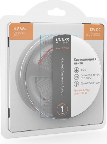 Лента светодиодная GAUSS BT005 basic 12v 4,8w/m 312lm/m 3000k ip20 led 5m - изображение 3