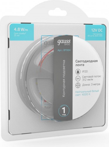 Лента светодиодная GAUSS BT004 basic 12v 4,8w/m 312lm/m 4000k ip20 led 3m - изображение 3