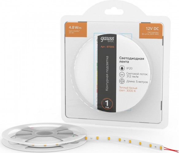 Лента светодиодная GAUSS BT005 basic 12v 4,8w/m 312lm/m 3000k ip20 led 5m - изображение 2