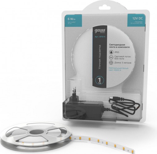Лента светодиодная GAUSS BT014 basic в комплекте 12v 6w/m 600lm/m 4000 ip65 led 5 - изображение 2