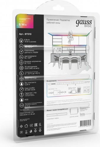 Лента светодиодная GAUSS BT010 basic в комплекте 12v 6w/m 390lm/m rgbw ip20 led 3 - изображение 4