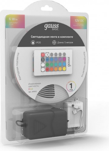 Лента светодиодная GAUSS BT012 basic в комплекте 12v 6w/m 390lm/m rgb ip20 led 5m - изображение 3