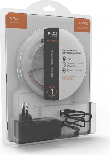 Лента светодиодная GAUSS BT013 basic в комплекте 12v 6w/m 600lm/m 3000k ip65 led - изображение 3