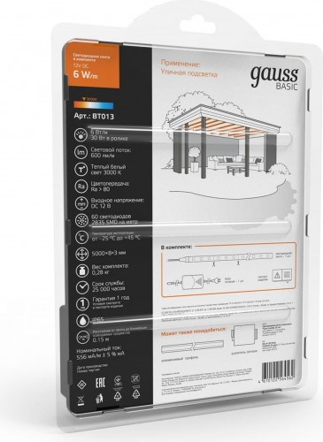 Лента светодиодная GAUSS BT013 basic в комплекте 12v 6w/m 600lm/m 3000k ip65 led - изображение 4