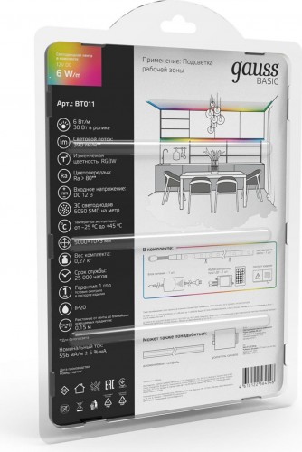 Лента светодиодная GAUSS BT011 basic в комплекте 12v 6w/m 390lm/m rgbw ip20 led 5 - изображение 4