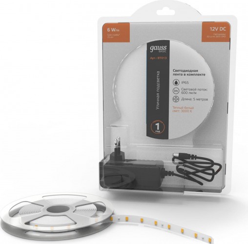 Лента светодиодная GAUSS BT013 basic в комплекте 12v 6w/m 600lm/m 3000k ip65 led - изображение 2
