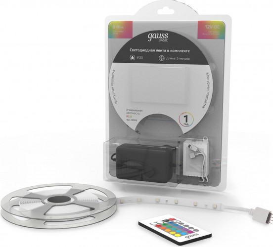 Лента светодиодная GAUSS BT012 basic в комплекте 12v 6w/m 390lm/m rgb ip20 led 5m - изображение 2