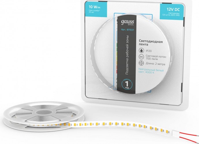 Лента светодиодная GAUSS BT037 basic 12v 10w/m 700lm/m 4000k ip20 led 2m - изображение 2