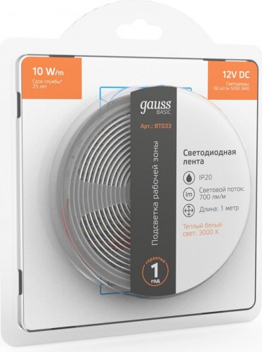 Лента светодиодная GAUSS BT033 basic 12v 10w/m 700lm/m 3000k ip20 led 1m - изображение 3