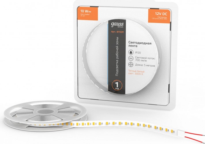 Лента светодиодная GAUSS BT039 basic 12v 10w/m 700lm/m 3000k ip20 led 5m - изображение 2