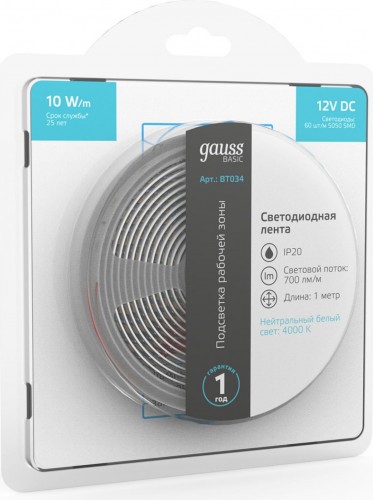 Лента светодиодная GAUSS BT034 basic 12v 10w/m 700lm/m 4000k ip20 led 1m - изображение 3