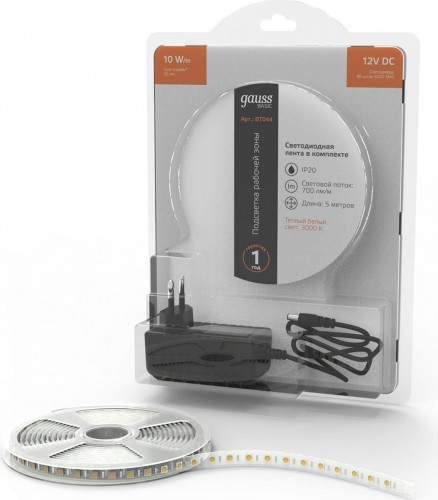 Лента светодиодная GAUSS BT044 basic в комплекте 12v 10w/m 700lm/m 3000k ip20 led - изображение 2