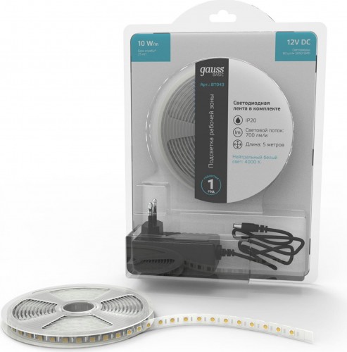Лента светодиодная GAUSS BT043 basic в комплекте 12v 10w/m 700lm/m 4000k ip20 led - изображение 2