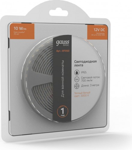 Лента светодиодная GAUSS BT050 basic 12v 10w/m 700lm/m 3000k ip65 led 3m - изображение 3