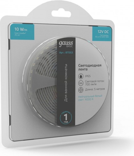 Лента светодиодная GAUSS BT053 basic 12v 10w/m 700lm/m 4000k ip65 led 5m - изображение 3