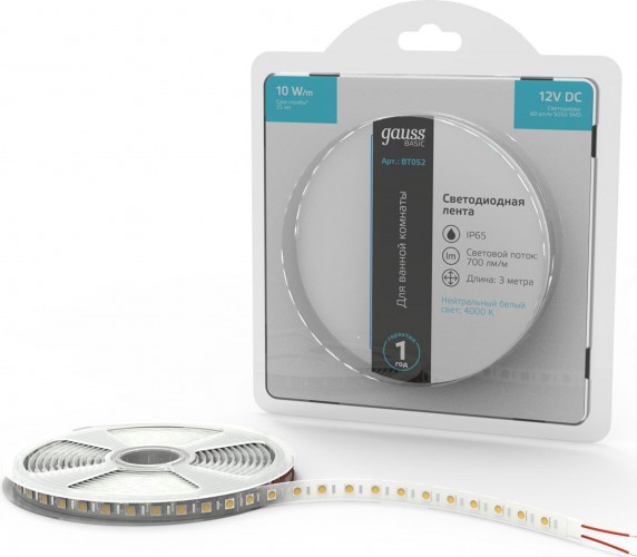 Лента светодиодная GAUSS BT052 basic 12v 10w/m 700lm/m 4000k ip65 led 3m - изображение 2