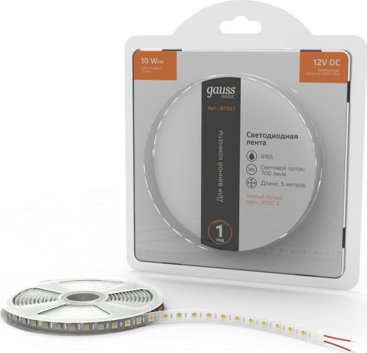 Лента светодиодная GAUSS BT051 basic 12v 10w/m 700lm/m 3000k ip65 led 5m - изображение 2