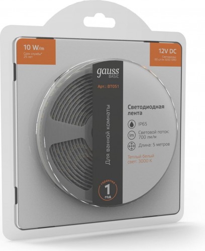 Лента светодиодная GAUSS BT051 basic 12v 10w/m 700lm/m 3000k ip65 led 5m - изображение 3