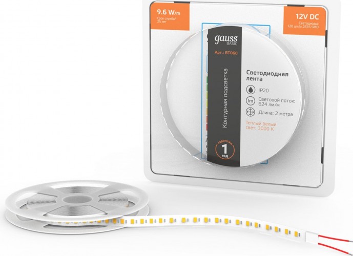 Лента светодиодная GAUSS BT060 basic 12v 9,6w/m 624lm/m 3000k ip20 led 2m - изображение 2