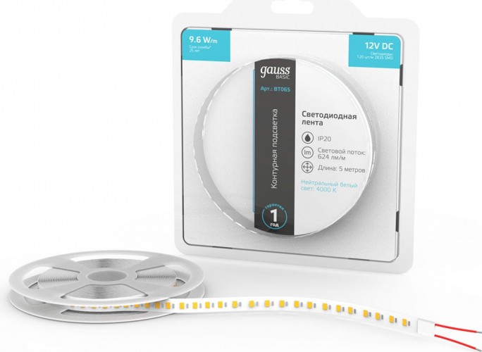 Лента светодиодная GAUSS BT065 basic 12v 9,6w/m 624lm/m 4000k ip20 led 5m - изображение 2