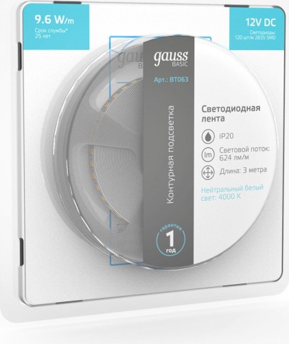 Лента светодиодная GAUSS BT063 basic 12v 9,6w/m 624lm/m 4000k ip20 led 3m - изображение 3