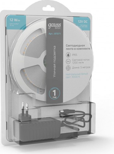 Лента светодиодная GAUSS BT071 basic в комплекте 12v 12w/m 1200lm/m 4000k ip65 le - изображение 2