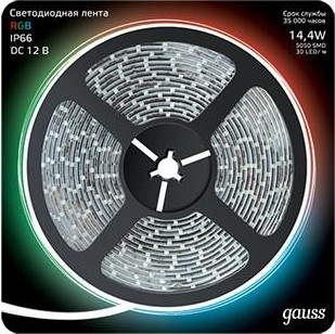 Лента светодиодная GAUSS LED 5050/60-smd 14.4w 12v dc rgb ip66 (блистер 5м) 311000414