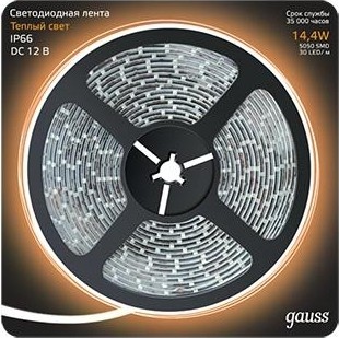 Лента светодиодная GAUSS LED 5050/60-smd 14.4w 12v dc теплый белый ip66 (блисте 311000114