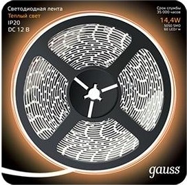 Лента светодиодная GAUSS LED 5050/60-smd 14.4w 12v dc теплый белый (блистер 5м) 312000114 - изображение 2