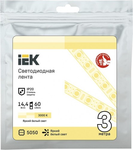 Лента светодиодная IEK LSR-5050WW60 14.4w 12В IP20 (3 м) LSR2-1-060-20-3-03