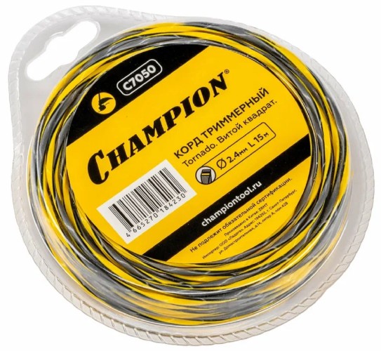 Леска триммерная CHAMPION Tornado 2.4мм/ 15м витой квадрат (C7050) C7050