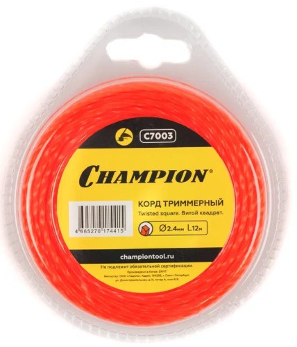 Леска триммерная CHAMPION Twisted Square 2.4мм/ 12м витой квадрат (C7003) C7003
