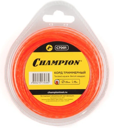 Леска триммерная CHAMPION Twisted Square 1.6мм/ 15м витой квадрат (C7001) C7001