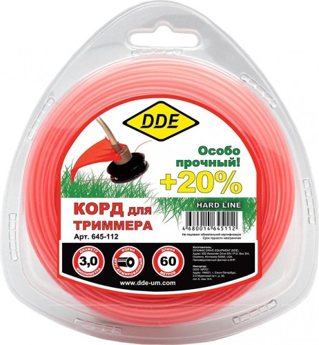 Леска триммерная DDE Hard line (3,0 ммх60 м; круг армированный; серая/красная) 645-112