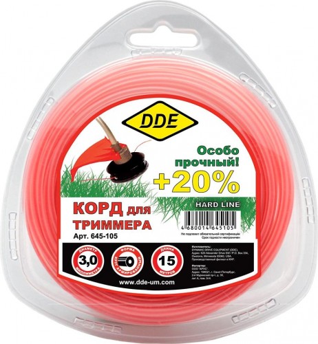 Леска триммерная DDE круг армированный в блистере "hard line" 3,0 ммх15 м, серый/красный 645-105
