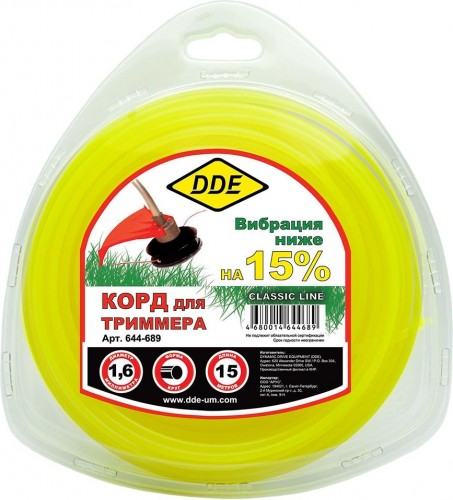 Леска триммерная DDE круг в блистере "classic line" 1,6 ммх15 м, желтый 644-689