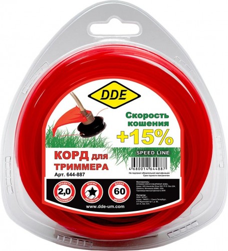 Леска триммерная DDE Speed line (2,0 ммх60 м; звезда; красная) 644-887